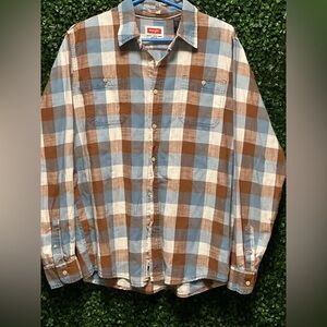Wrangler Indigo Mens Size L Blue/brown plaid Long Sleeve Western Shirt
